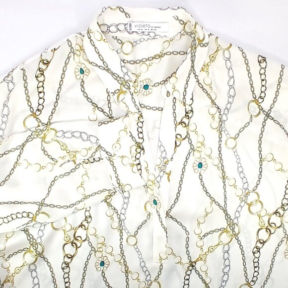 Violeta by Mango Cream V-neck Long Sleeve Blouse with Chains Pattern EUC - Picture 6 of 11